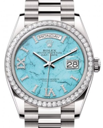 Rolex Day-Date 36-128349RBR (White Gold President Bracelet, VI IX Gold Diamond-set Turquoise Dial, Diamond Bezel) (m128349rbr-0031)