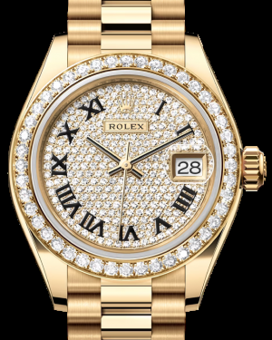 Rolex Lady-Datejust 28-279138RBR (Yellow Gold President Bracelet, Diamond-paved Roman Dial, Diamond Bezel)