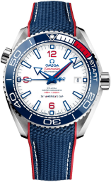 Omega Seamaster Planet Ocean 600M 43.5-215.32.43.21.04.001 (Blue Structured Rubber Strap, White Ceramic Arabic/Index Dial, Rotating White/Red/Blue Ceramic Bezel) (Omega 215.32.43.21.04.001)