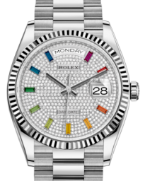 Rolex Day-Date 36-128239 (White Gold President Bracelet, Diamond-paved Rainbow-colored Sapphire-set Index Dial, Fluted Bezel) (m128239-0019)