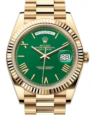 Rolex Day-Date 40-228238 (Yellow Gold President Bracelet, Green Roman Dial, Fluted Bezel)