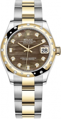 Rolex Datejust 31-278343RBR (Yellow Rolesor Oyster Bracelet, Gold Diamond-set Black MOP Dial, Domed Diamond Bezel)