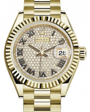 Rolex Lady-Datejust 28-279178 (Yellow Gold President Bracelet, Diamond-paved Roman Dial, Fluted Bezel)