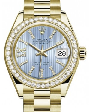 Rolex Lady-Datejust 28-279138RBR (Yellow Gold President Bracelet, Gold Diamond IX-set Cornflower Index Dial, Diamond Bezel)