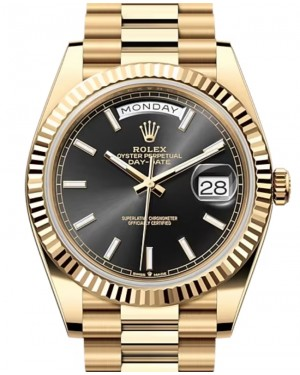 Rolex Day-Date 40-228238 (Yellow Gold President Bracelet, Bright-black Index Dial, Fluted Bezel)