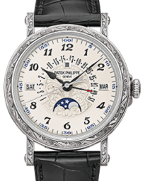 Patek Philippe Grand Complications 38-5160/500G (Matte-black Alligator Leather Strap, Silvery Opaline Arabic Dial, Hand-engraved Bezel) (5160/500G-001)