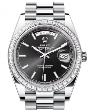Rolex Day-Date 40-228396TBR (Platinum President Bracelet, Bright-black Index Dial, Diamond Bezel)