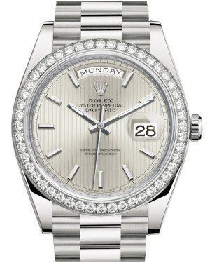 Rolex Day-Date 40-228349RBR (White Gold President Bracelet, Silver Stripe Index Dial, Diamond Bezel)