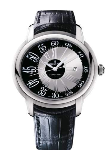 Audemars Piguet Millenary 45-15320BC.OO.D002CR.01 (Black Alligator Leather Strap, Black-lacquered Silver Roman Dial, White Gold Smooth Bezel)