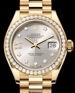 Rolex Lady-Datejust 28-279138RBR (Yellow Gold President Bracelet, Gold Diamond IX-set Silver Dial, Diamond Bezel)