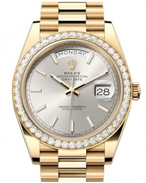 Rolex Day-Date 40-228348RBR (Yellow Gold President Bracelet, Silver Index Dial, Diamond Bezel)