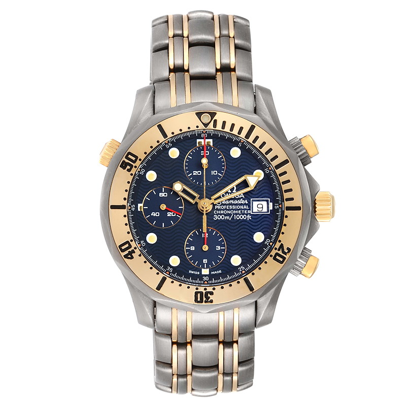 Omega Seamaster Diver 300M 41.5-2297.80.00 (Yellow Gold & Titanium Bracelet, Wave-embossed Blue Dot Index Dial, Rotating Yellow Gold Bezel)