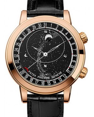 Patek Philippe Grand Complications 44-6102R-001 (Shiny-black Alligator Leather Strap, Black Sapphire-crystal Disk Dial, Rose Gold Smooth Bezel)