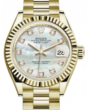 Rolex Lady-Datejust 28-279178 (Yellow Gold President Bracelet, Gold Diamond-set White MOP Dial, Fluted Bezel)