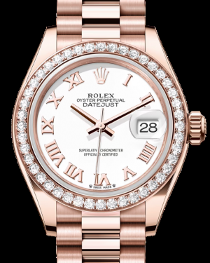 Rolex Lady-Datejust 28-279135RBR (Everose Gold President Bracelet, White Roman Dial, Diamond Bezel)