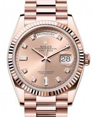 Rolex Day-Date 36-128235 (Everose Gold President Bracelet, Gold Diamond-set Rosé Dial, Fluted Bezel)