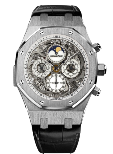 Audemars Piguet Royal Oak 44-26065IS.OO.D002CR.01 (Black Alligator Leather Strap, Transparent Sapphire Openworked White Dial, Titanium Smooth Bezel)