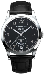 Patek Philippe Complications 38-5396G-012 (Shiny-black Alligator Leather Strap, Black Arabic Dial, White Gold Smooth Bezel) (5396G-012)