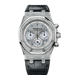 Audemars Piguet Royal Oak 39-26068BC.ZZ.D002CR.01 (Black Alligator Leather Strap, Diamond-paved White Dial, White Gold Diamond-set Bezel) (26068BC.ZZ.D002CR.01)