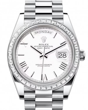Rolex Day-Date 40-228396TBR (Platinum President Bracelet, White Roman Dial, Diamond Bezel)