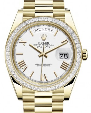 Rolex Day-Date 40-228398TBR (Yellow Gold President Bracelet, White Roman Dial, Diamond Bezel)