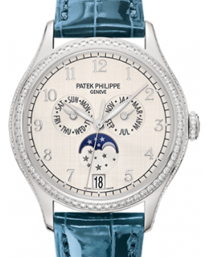 Patek Philippe Complications 38-4947G-010 (Shiny Peacock-blue Alligator Leather Strap, Silvery Arabic Dial, Diamond Bezel)