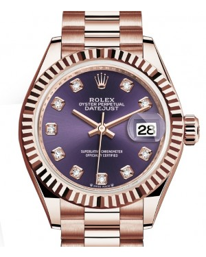 Rolex Lady-Datejust 28-279175 (Everose Gold President Bracelet, Gold Diamond-set Aubergine Dial, Fluted Bezel)