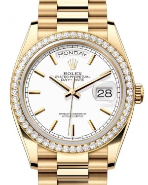 Rolex Day-Date 36-128348RBR (Yellow Gold President Bracelet, White Index Dial, Diamond Bezel)