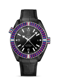 Omega Seamaster Planet Ocean 600M 45.5-215.98.46.22.01.003 (Black Alligator Leather Strap, Black Ceramic Arabic/Index Dial, Baguette-cut Red Ruby/Blue Sapphire/Diamond-set Bezel) (Omega 215.98.46.22.01.003)