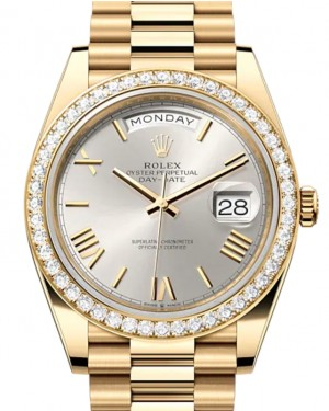 Rolex Day-Date 40-228348RBR (Yellow Gold President Bracelet, Silver Roman Dial, Diamond Bezel)