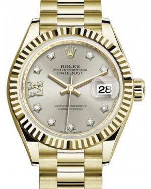 Rolex Lady-Datejust 28-279178 (Yellow Gold President Bracelet, Gold Diamond IX-set Silver Dial, Fluted Bezel)
