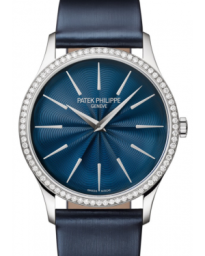 Patek Philippe Calatrava 35-4997/200G-001 (Shiny Navy-blue Brushed Calfskin Strap, Guilloched & Lacquered Midnight-blue Index Dial, Diamond Bezel) (4997/200G-001)