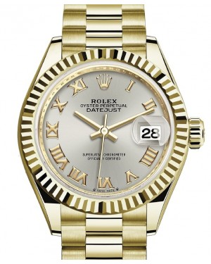 Rolex Lady-Datejust 28-279178 (Yellow Gold President Bracelet, Silver Roman Dial, Fluted Bezel)
