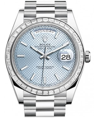 Rolex Day-Date 40-228396TBR (Platinum President Bracelet, Ice-blue Diagonal Index Dial, Diamond Bezel)