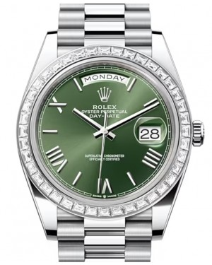 Rolex Day-Date 40-228396TBR (Platinum President Bracelet, Olive-green Roman Dial, Diamond Bezel)