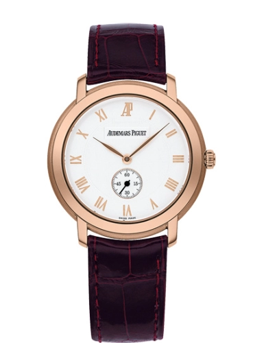 Audemars Piguet Jules Audemars 36-15056OR.OO.A067CR.02 (Burgundy Alligator Leather Strap, Silver-toned Roman Dial, Pink Gold Smooth Bezel)