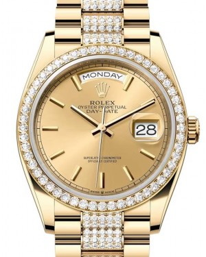 Rolex Day-Date 36-128348RBR (Yellow Gold Diamond-set President Bracelet, Champagne Index Dial, Diamond Bezel)