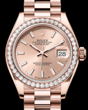 Rolex Lady-Datejust 28-279135RBR (Everose Gold President Bracelet, Rosé Index Dial, Diamond Bezel)
