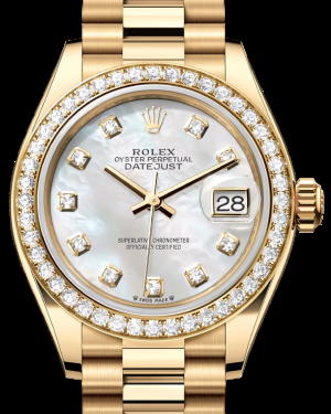 Rolex Lady-Datejust 28-279138RBR (Yellow Gold President Bracelet, Gold Diamond-set White MOP Dial, Diamond Bezel)