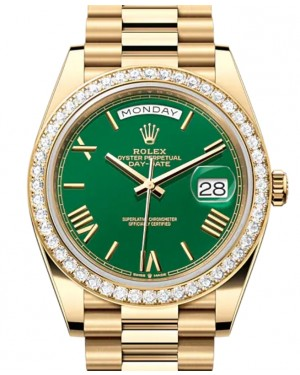 Rolex Day-Date 40-228348RBR (Yellow Gold President Bracelet, Green Roman Dial, Diamond Bezel)