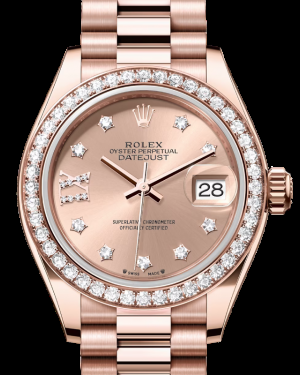 Rolex Lady-Datejust 28-279135RBR (Everose Gold President Bracelet, Gold Diamond IX-set Rosé Dial, Diamond Bezel)