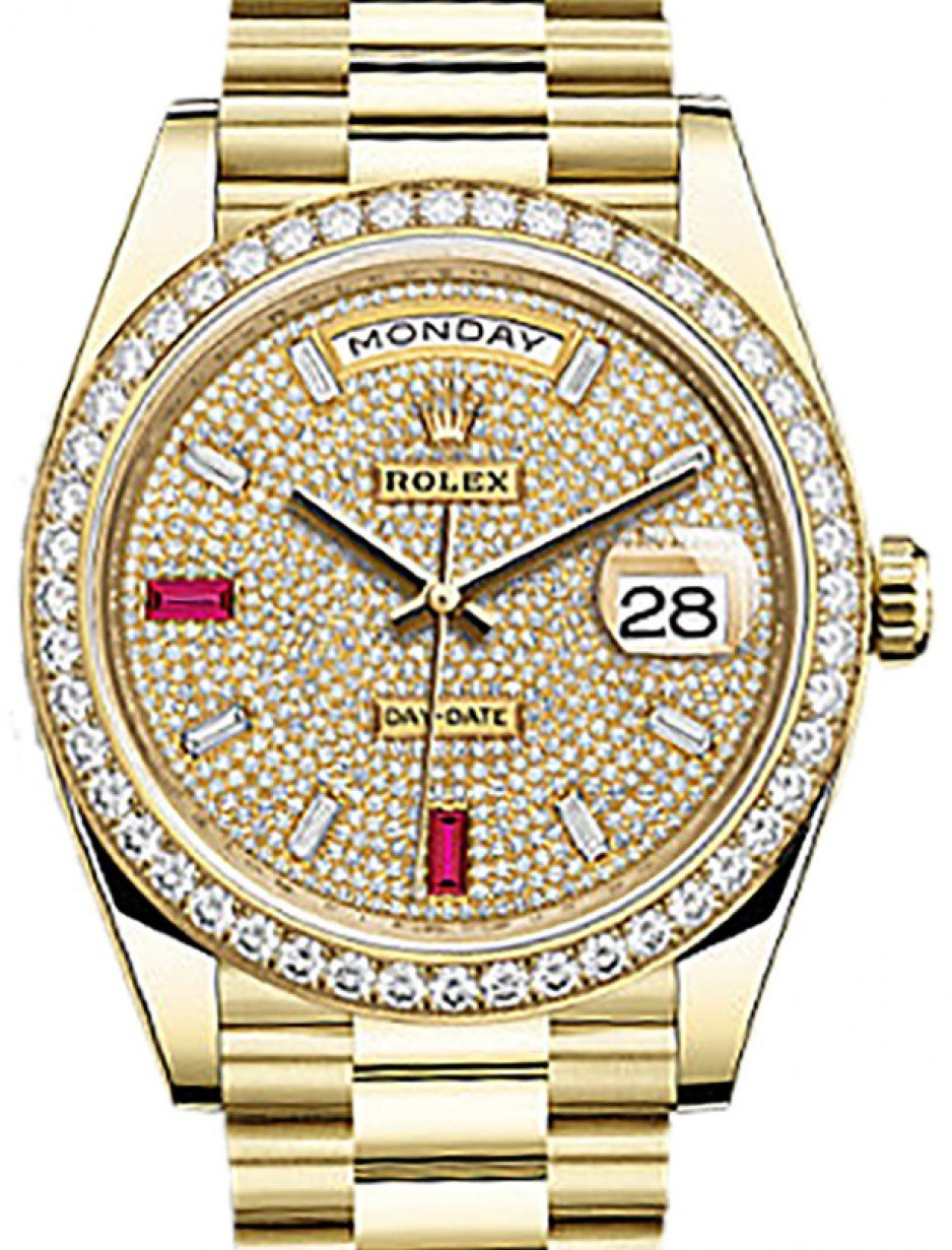 Rolex Day-Date 40-228348RBR (Yellow Gold President Bracelet, Diamond-paved Ruby-Diamond-set Index Dial, Diamond Bezel)