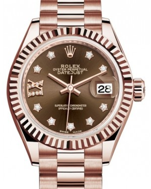 Rolex Lady-Datejust 28-279175 (Everose Gold President Bracelet, Gold Diamond IX-set Chocolate Dial, Fluted Bezel)