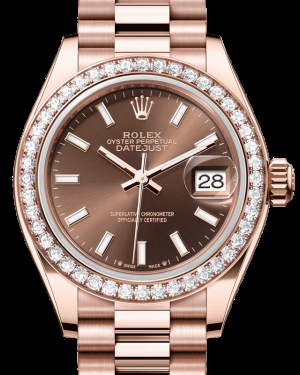 Rolex Lady-Datejust 28-279135RBR (Everose Gold President Bracelet, Chocolate Index Dial, Diamond Bezel)