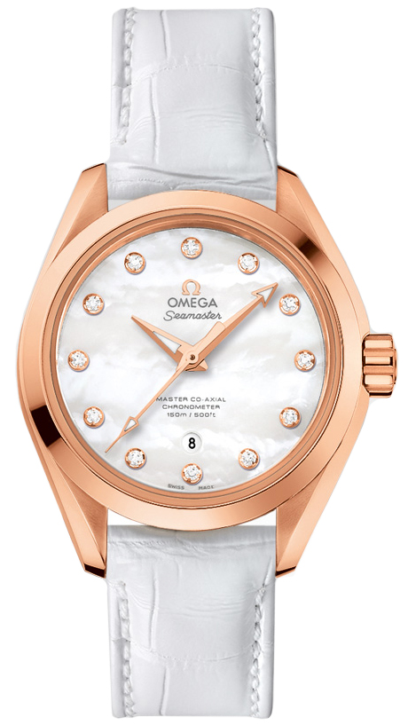 Omega Seamaster Aqua Terra 150M 34-231.53.34.20.55.001 (White Alligator Leather Strap, White MOP Diamond Index Dial, Sedna Gold Bezel)