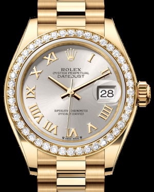 Rolex Lady-Datejust 28-279138RBR (Yellow Gold President Bracelet, Silver Roman Dial, Diamond Bezel)