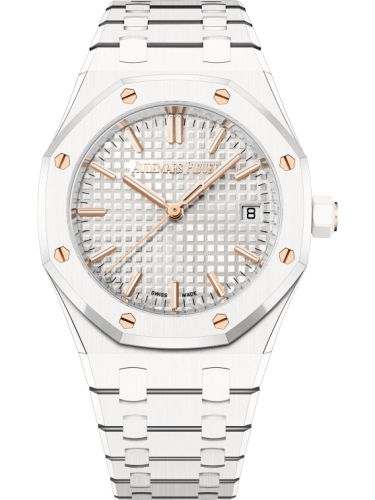 Audemars Piguet Royal Oak 34-77350CB.OO.1266CB.01 (White Ceramic Bracelet, Grande Tapisserie Silver-toned Index Dial, White Ceramic Smooth Bezel)