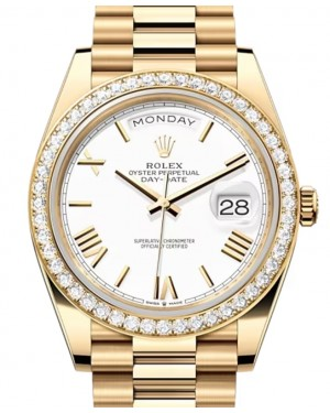 Rolex Day-Date 40-228348RBR (Yellow Gold President Bracelet, White Roman Dial, Diamond Bezel)