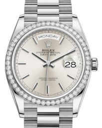 Rolex Day-Date 36-128349RBR (White Gold President Bracelet, Silver Index Dial, Diamond Bezel) (m128349rbr-0001)