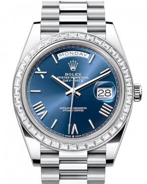 Rolex Day-Date 40-228396TBR (Platinum President Bracelet, Bright-blue Roman Dial, Diamond Bezel)